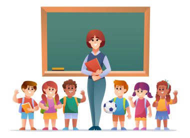Öğretmen ve çocuk öğrenciler tahtadaki resimlerin önünde