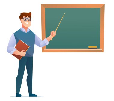 Öğretmen karatahta çiziminin önünde duruyor