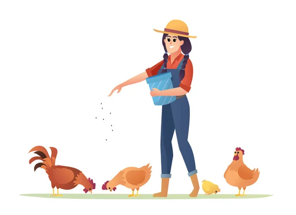 Illustration Female Farmer Feeding Chickens — Stock Vector