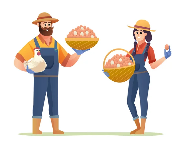 鶏農家の幸せな男性と女性のバスケット卵の漫画のキャラクターでいっぱい — ストックベクタ