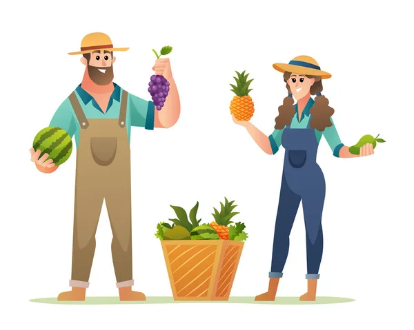 果実を持つ陽気な男性と女性の農家のキャラクター — ストックベクタ
