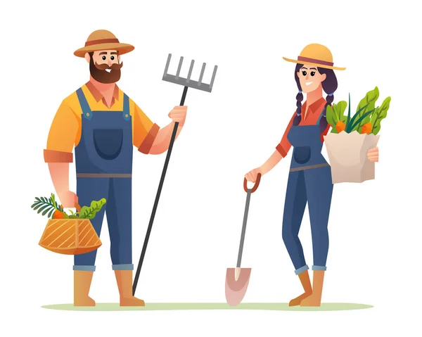 Felices Agricultores Masculinos Femeninos Con Dibujos Animados Verduras Orgánicas — Vector de stock