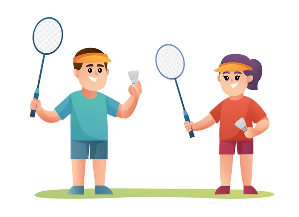 Cute Boy Girl Badminton Player Characters — Stock Vector