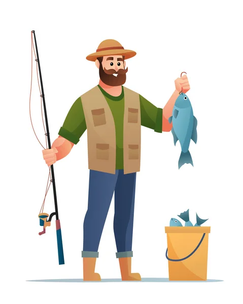 Pescador Com Peixe Captura Personagem Cartoon — Vetor de Stock