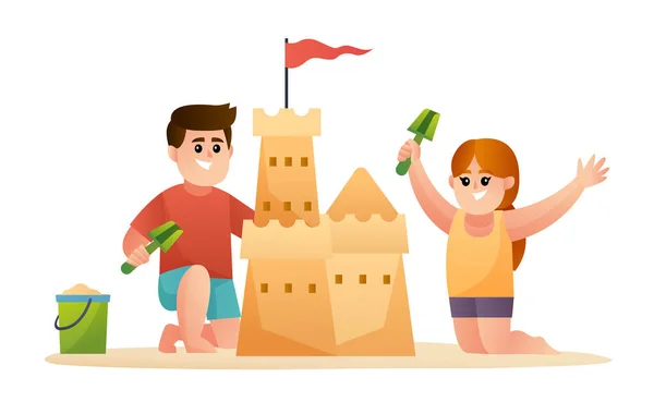 砂の城を建てる2人のかわいい子供のイラスト — ストックベクタ