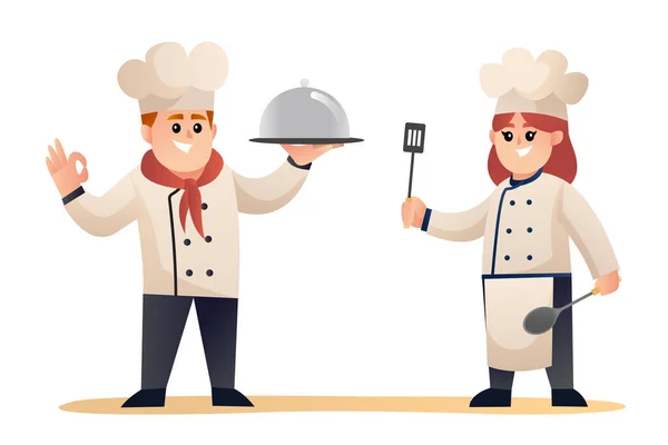 Cute Male Female Chef Cooking Cartoon Characters — Stock Vector