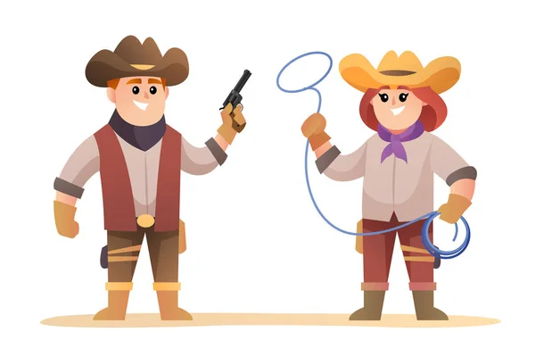 Söt Cowboy Håller Pistol Och Cowgirl Håller Rep Karaktär Set — Stock vektor