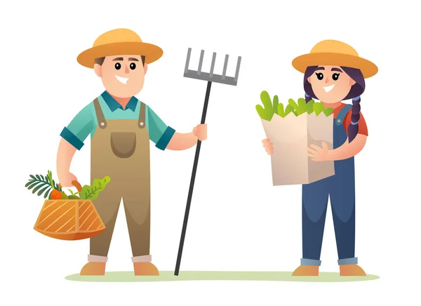Симпатичный Мальчик Девочка Урожай Фермер Холдинг Органические Овощи Иллюстрации — стоковый вектор