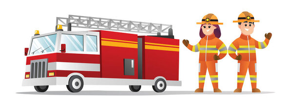 Cute male and female firefighter cartoon characters