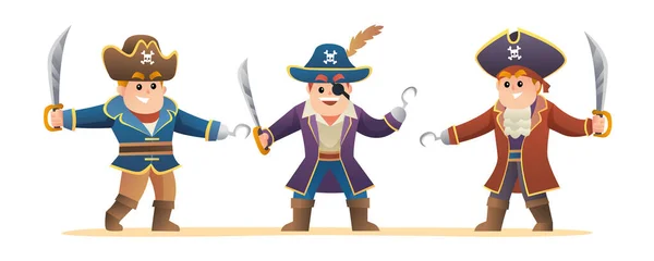 Lindos Piratas Sosteniendo Espada Carácter Conjunto Ilustración — Archivo Imágenes Vectoriales