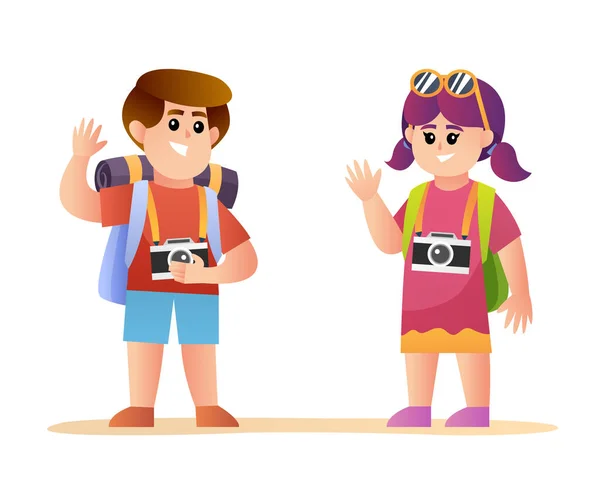可爱的男孩和女孩旅行者角色 — 图库矢量图片