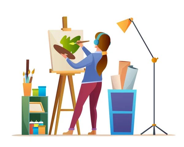 Female Artist Painting Canvas While Listening Music Headphone Studio Cartoon — Stock Vector
