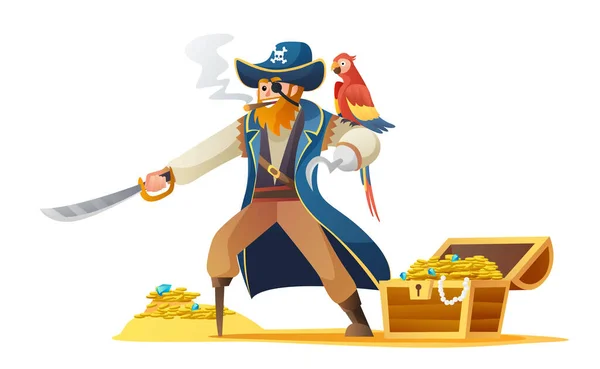 Personaje Pirata Sosteniendo Espada Con Loro Tesoro Ilustración Vector Pecho — Archivo Imágenes Vectoriales