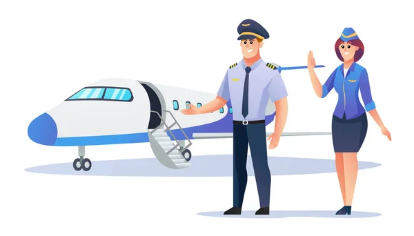 Pilota Hostess Con Aeroplano Illustrazione Cartone Animato — Vettoriale Stock