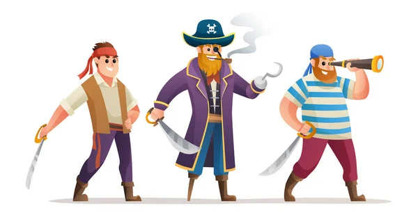 Juego Personajes Dibujos Animados Piratas Capitán Soldados Sosteniendo Espada — Archivo Imágenes Vectoriales