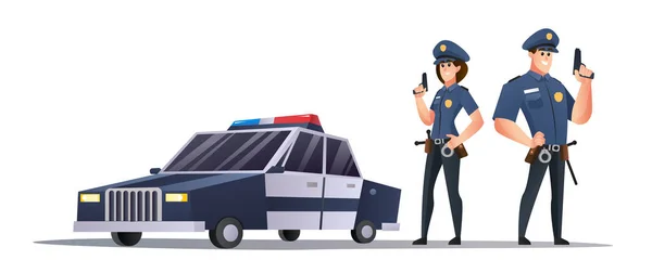 Policeman Police Woman Officers Holding Guns Police Car Illustration — Stock Vector