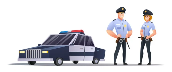 警察官や警察官が警察車のイラストの横に立って — ストックベクタ