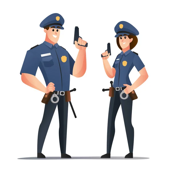 Policeman Police Woman Officers Holding Guns Cartoon Characters — Stock Vector