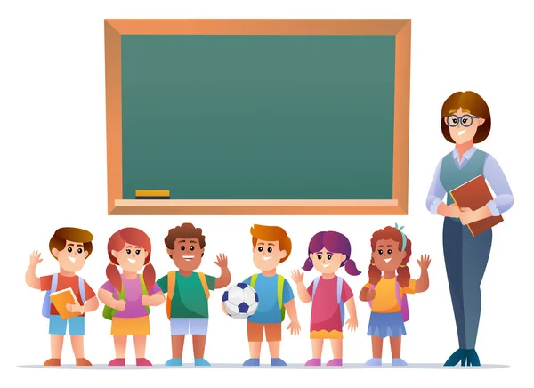 快乐的老师和孩子们站在黑板前 — 图库矢量图片