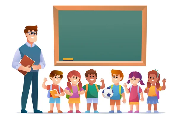 黒板の前で幸せな先生と子供たち — ストックベクタ