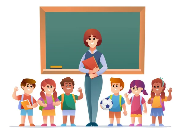 Δάσκαλος Και Παιδιά Μαθητές Μπροστά Από Την Εικόνα Πίνακα — Διανυσματικό Αρχείο