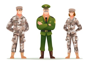 Karikatür karakteri setinde erkek ve kadın askerlerle birlikte yüzbaşı.