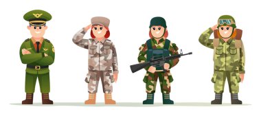 Değişik kamuflaj kostümleri giymiş kadın askerleri olan şirin bir yüzbaşı.