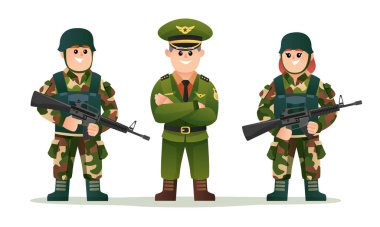 Sevimli yüzbaşı, elinde silah tutan erkek ve kız askerler.