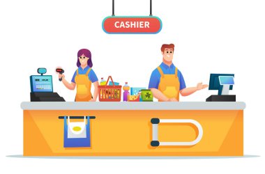 Kadın ve erkek kasiyer süpermarkette çalışıyor.