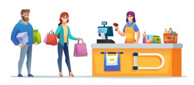 Süpermarkette müşteri alışverişi ve kasiyer kasiyer konsepti çizimi