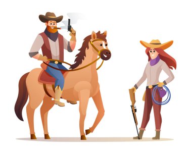 Vahşi yaşam kovboy elinde silah tutarken ata binerken kovboy ve kovboy kız tüfekli karakterler çiziyor.