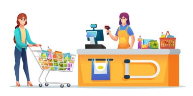 Süpermarket kasasında market arabası ve sepeti olan kasiyer ve müşteri.