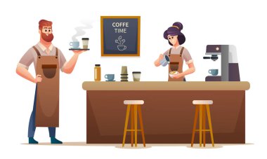 Kahve taşıyan erkek barista ve kahve dükkanında kahve yapan bayan barista.