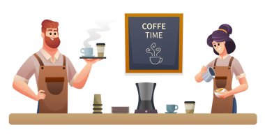 Kahve taşıyan erkek barista ve kahve illüstrasyonu yapan bayan barista.