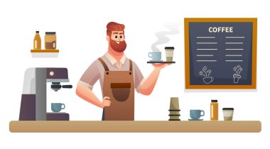 Kahve dükkanındaki resimde elinde tepsiyle kahve taşıyan barista.