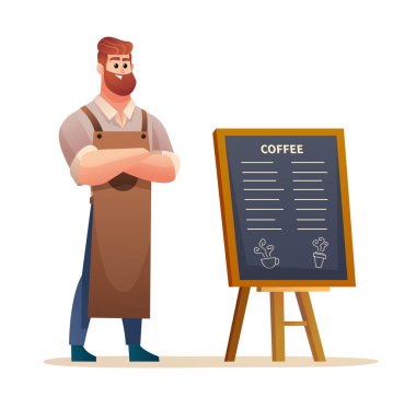 Barista menü tahtası resimlerinin yanında duruyor