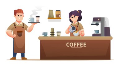 Kahve taşıyan sevimli erkek barista ve kahve dükkanında kahve yapan bayan barista.