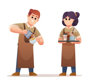 Kahve yapan yakışıklı erkek barista ve tepsi karakterli kahve taşıyan kadın barista.