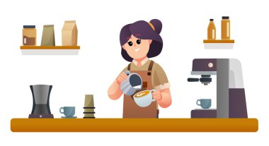 Kahve dükkanındaki resimde kahve yapan sevimli bayan barista.