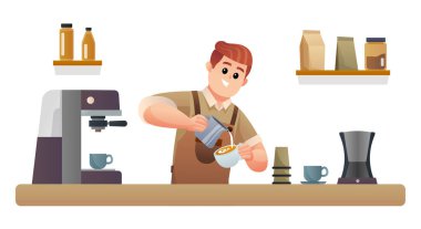 Kahve dükkanındaki resimde kahve yapan sevimli barista.