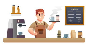 Kahve dükkanındaki resimde tepsiyle kahve taşıyan sevimli barista.