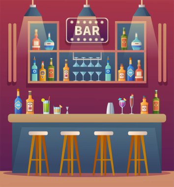 Bar tezgahı iç tasarım çizgi film illüstrasyonu