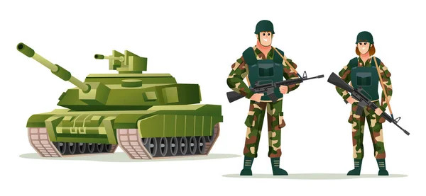 戦車漫画イラストで武器銃を保持している男と女の軍隊兵士 — ストックベクタ