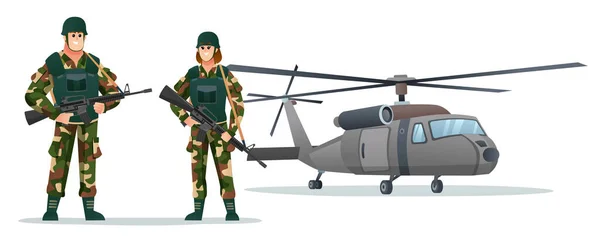 Hombres Mujeres Soldados Del Ejército Con Armas Fuego Con Helicóptero — Vector de stock