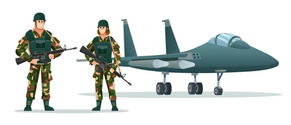Mann Und Frau Armeesoldaten Halten Waffen Mit Militärjet Cartoon Illustration — Stockvektor