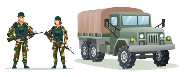 男性と女性の軍隊兵士軍用トラック漫画のイラストと武器銃を保持 — ストックベクタ