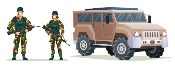 Muž Žena Armáda Vojáci Drží Zbraně Zbraně Vojenským Vozidlem Kreslené — Stockový vektor