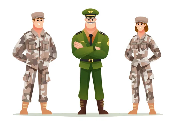 Armeechef Mit Mann Und Frau Soldaten Zeichentrickfiguren Set — Stockvektor