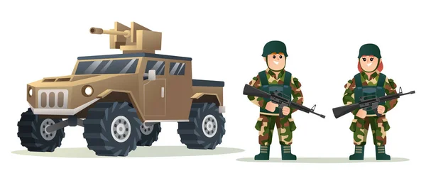 かわいい男性と女性の軍隊の兵士が軍用車両の漫画のイラストと武器銃を保持 — ストックベクタ