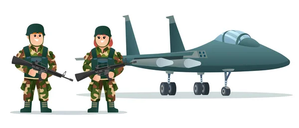 Симпатичные Мальчики Девочки Солдат Армии Оружием Оружия Военной Реактивный Самолет — стоковый вектор